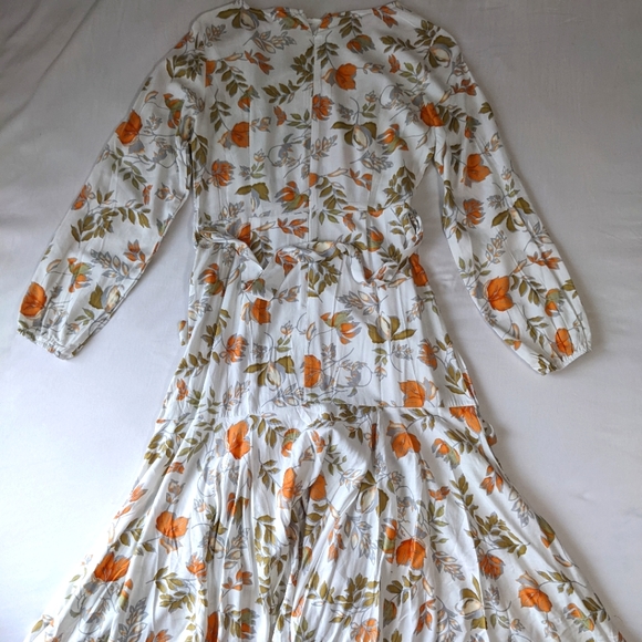 Boho Long Sleeve Floral Print Fitted Dress Flowy Hi Low Hem White & Orange Small - Picture 6 of 7